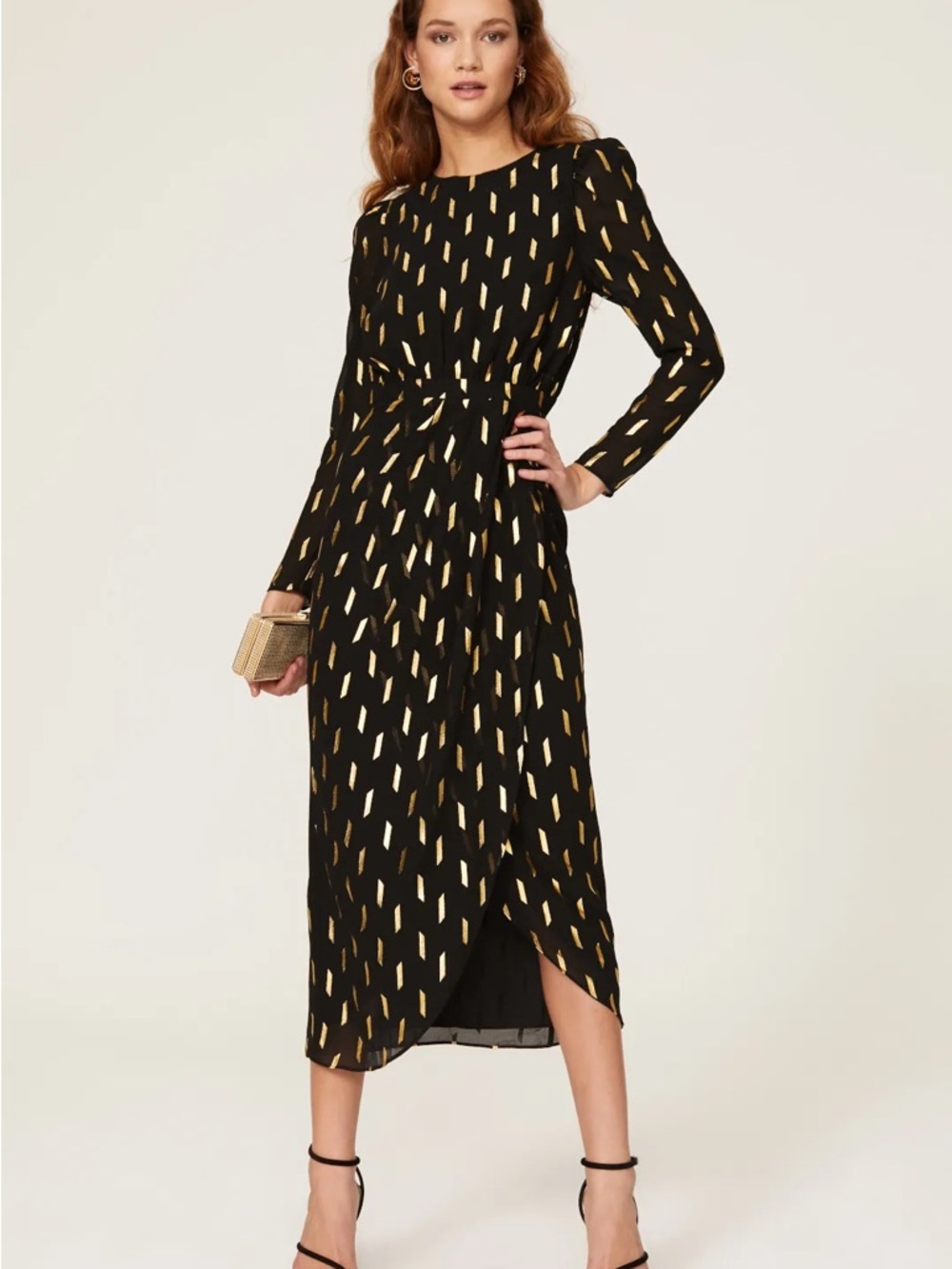 Yumi Kim Black Long Sleeve Midi Dress with Gold Metallic Accents XS